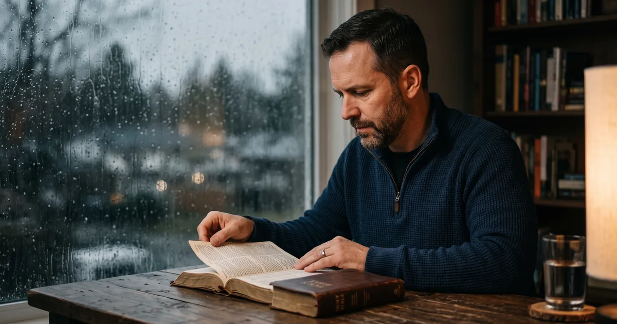 Hombre biblia lluvia ventana leyendo la Biblia