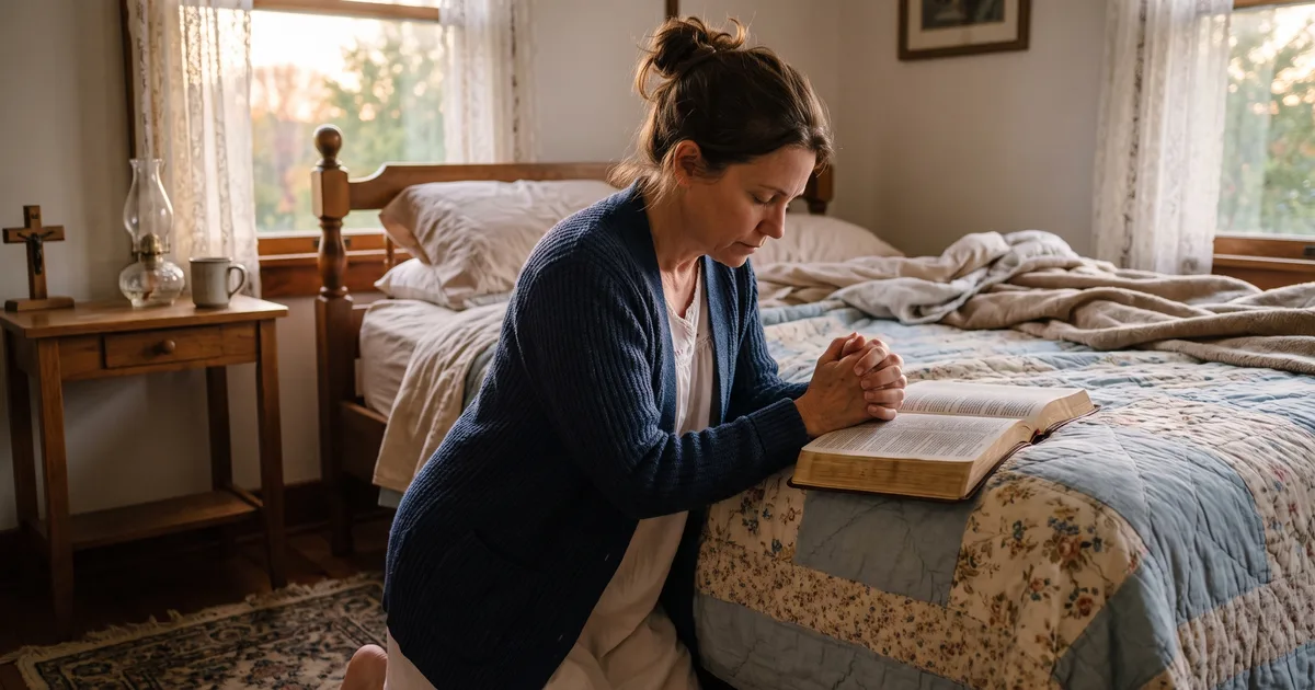 Mujer arrodillada cama leyendo la Biblia