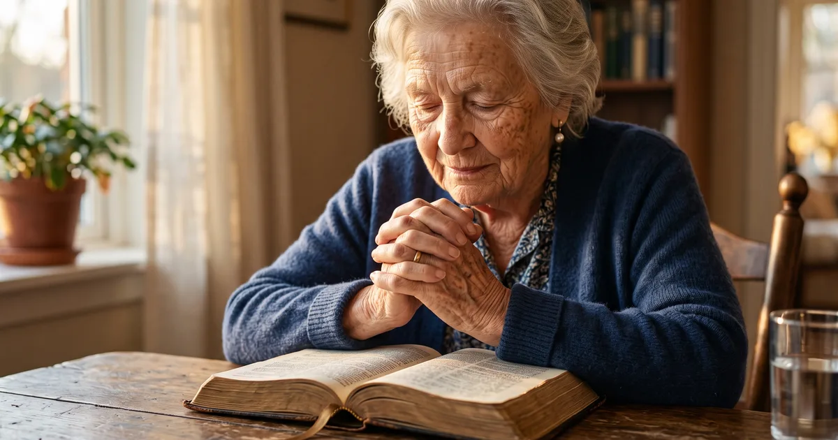 Mujer mayor manos oracion leyendo la Biblia