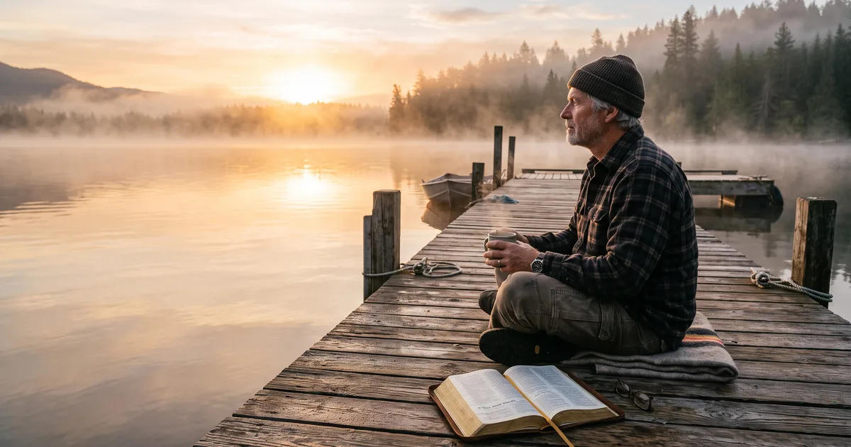 Hombre muelle lago leyendo la Biblia